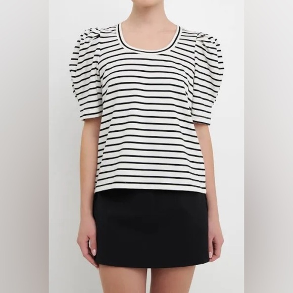 English Factory Black Stripe Pleated Puff Sleeve Top Size Large - Picture 3 of 6